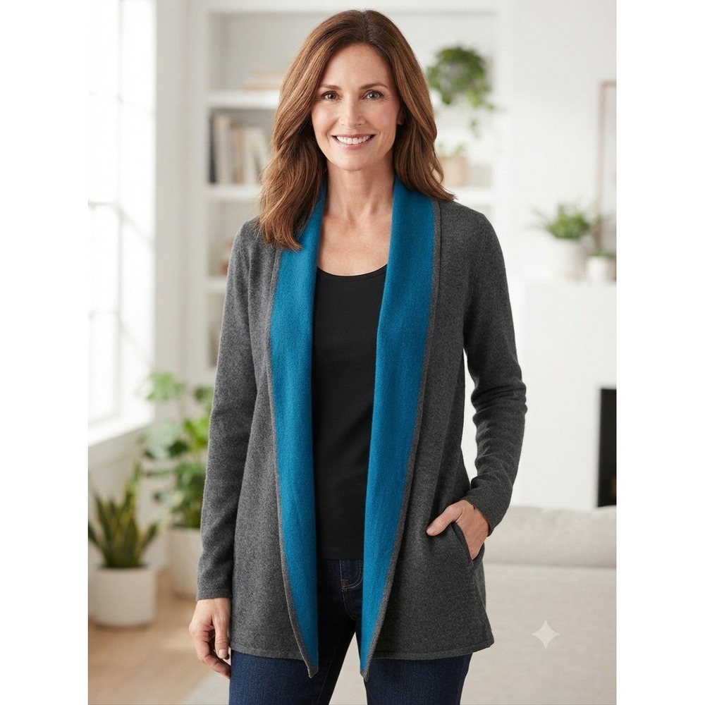 Chico's Cardigan Size 2 Gray Blue Sweater Open Front Long Sleeve Layering Soft